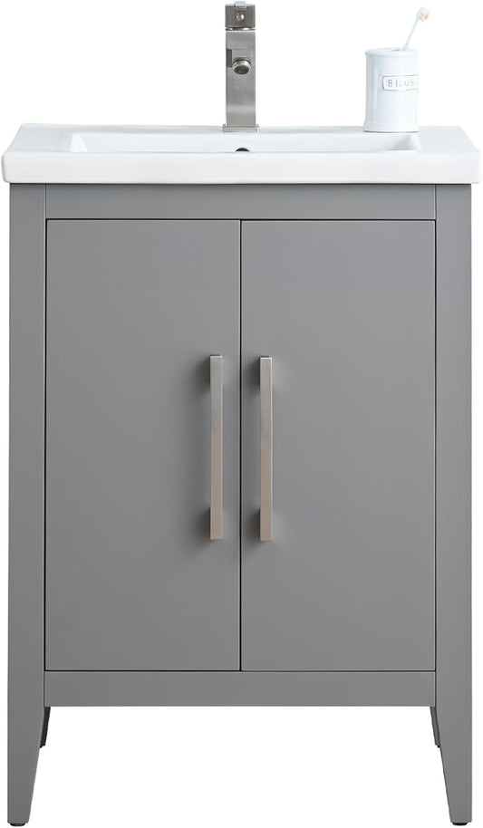 Vanity Art 24 inch Bathroom Vanity with Single Sink & Ceramic Top, Vanity Cabinet with Soft-Closing Doors, Solid Wood Frame, Cashmere Gray,VA9024-G-BN1