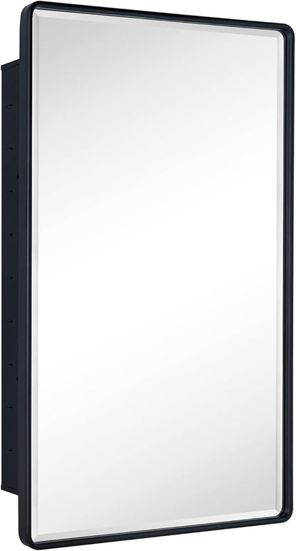 TEHOME Farmhouse Matt Black Recessed Bathroom Medicine Cabinet with Mirror Rounded Rectangle Metal Framed Medicine Cabinet with Beveled Mirror 24x36''