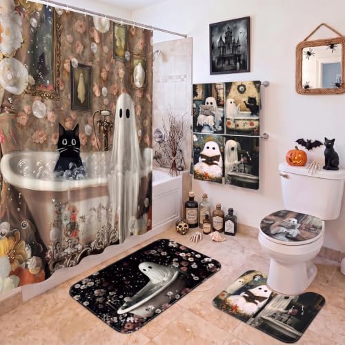 FuWeave 8 Pcs Halloween Shower Curtain Set, Vintage Ghost Black Cat Bathroom Decor with Floral Pattern, Include Non-Slip Bath Mat, Toilet Lid Cover, Towels and 12 Hooks for Spooky Gothic Bathroom