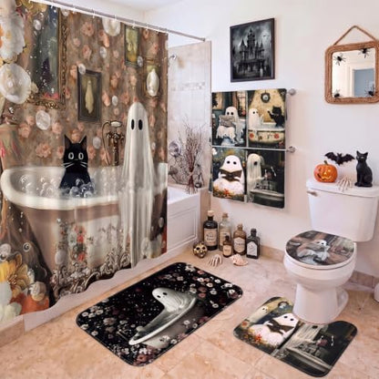 FuWeave 8 Pcs Halloween Shower Curtain Set, Vintage Ghost Black Cat Bathroom Decor with Floral Pattern, Include Non-Slip Bath Mat, Toilet Lid Cover, Towels and 12 Hooks for Spooky Gothic Bathroom