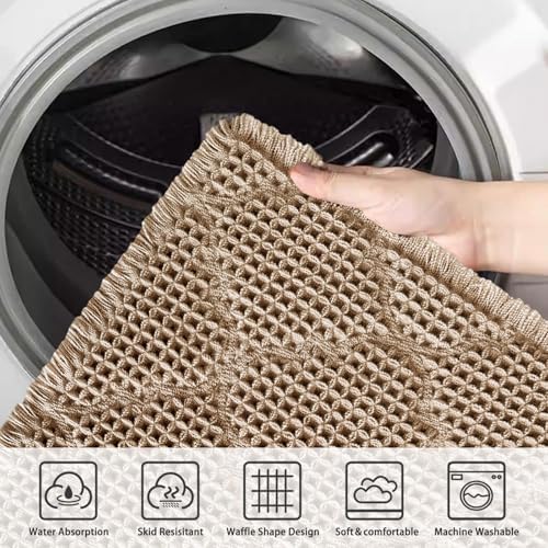 ZALL Tan Waffle Bath Mat,Super Absorbent Non Slip Bathroom Rug,Brown 24x48inch, Geometric Diamond Machine Washable Ultra Soft Floor Mats