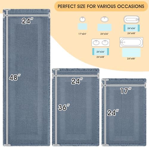 IM HOME Upgrade Waffle Bath Mat Set 3 Piece, Boho Bathroom Rugs Absorbent Non Slip, Soft Bathroom Mats, Machine Washable Knit Bath Rugs with Tassels for Bathroom, Bedroom, Kitchen, Shower, Tub, Blue