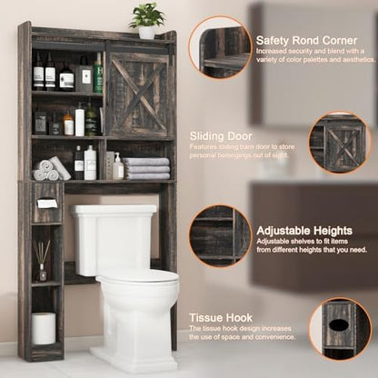 Vabches Over The Toilet Storage Cabinet with Sliding Barn Door. Dark Grey