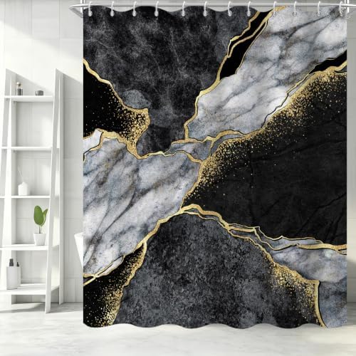 Black Marble Shower Curtain Modern Abstract Luxury Gold Ink Texture Gray Ombre Watercolor Bathroom Curtain Set with Hooks Soft and Lightweight Waterproof Fabric Machine Washable 36" Wx72 L