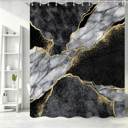 Black Marble Shower Curtain Modern Abstract Luxury Gold Ink Texture Gray Ombre Watercolor Bathroom Curtain Set with Hooks Soft and Lightweight Waterproof Fabric Machine Washable 36" Wx72 L