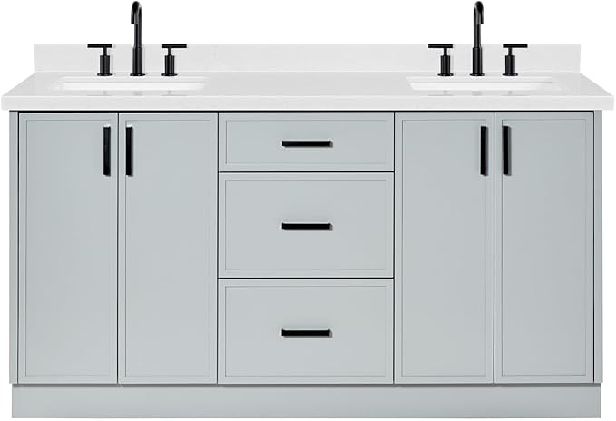 ARIEL Kelly 66-inch Bathroom Vanity with Sink,Solid Wood, 1.5-inch Carrara White Quartz Countertop & Backsplash, Double Rectangular Porcelain Sink, 4 Soft Closing Doors, 5 Dovetail Drawers, Grey