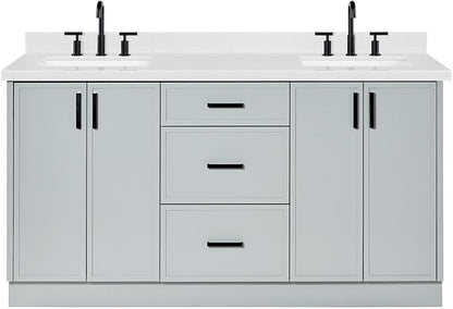 ARIEL Kelly 66-inch Bathroom Vanity with Sink,Solid Wood, 1.5-inch Carrara White Quartz Countertop & Backsplash, Double Rectangular Porcelain Sink, 4 Soft Closing Doors, 5 Dovetail Drawers, Grey