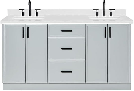 ARIEL Kelly 66-inch Bathroom Vanity with Sink,Solid Wood, 1.5-inch Carrara White Quartz Countertop & Backsplash, Double Rectangular Porcelain Sink, 4 Soft Closing Doors, 5 Dovetail Drawers, Grey