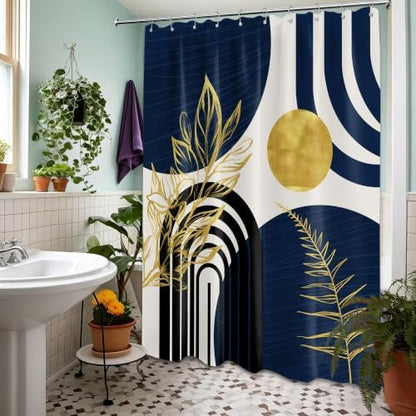 Navy Blue and Gold Shower Curtain, 60X72 in, Mid Century Modern