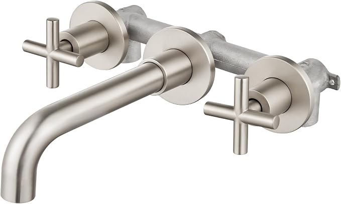 Airuida Solid Brass Brushed Nickel Wall Mount Bathroom Faucet | 360° Swivel Spout,Rough in Valve,2 Cross Handle,3 Hole,Widespread