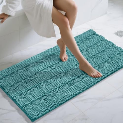Yimobra Bathroom Rug Mat 47 x 24, Non Slip and Super Absorbent Bath Mat,Machine Washable Quick Dry,Ultra Plush Chenille Shower Rugs for Bathroom Floor Sink Tub and Shower Outside,Teal Blue