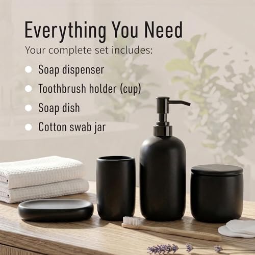 Ava Nord Modern Minimalist Ceramic Bathroom Accessories | Set of 4 | Black