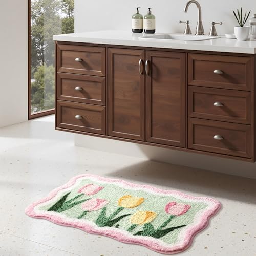 TRUEDAYS Tulips Floral Bathroom Rug, Cute Bath Mat for Bathroom, 32”x20”