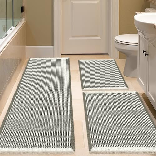 IM HOME Waffle Bath Mat Set 3 Piece Green & Cream,Woven Modern Bath Rug Mats, Absorbent Non Slip Bath Floor Mat, Soft Washable Boho Bath Rugs with Tassels for Bathroom, Bedroom, Kitchen, Tub