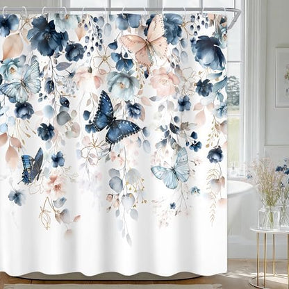 Blue Pink Floral Butterfly Spring Summer Bathroom Shower Curtain Set