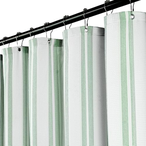 ORTIGIA Green Striped Shower Curtain 72x72 Inch, Waffle Textured Heavy Duty Thick Cloth Fabric Shower Curtains with 12 Metal Hooks,Green and White Bath Bathroom Shower Curtain