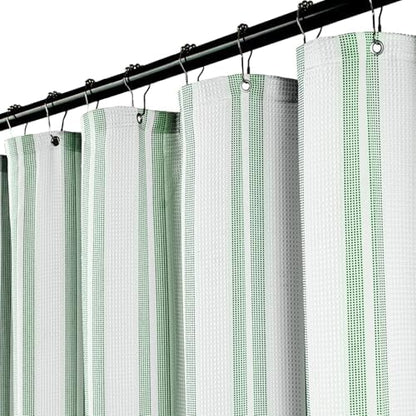 ORTIGIA Green Striped Shower Curtain 72x72 Inch, Waffle Textured Heavy Duty Thick Cloth Fabric Shower Curtains with 12 Metal Hooks,Green and White Bath Bathroom Shower Curtain