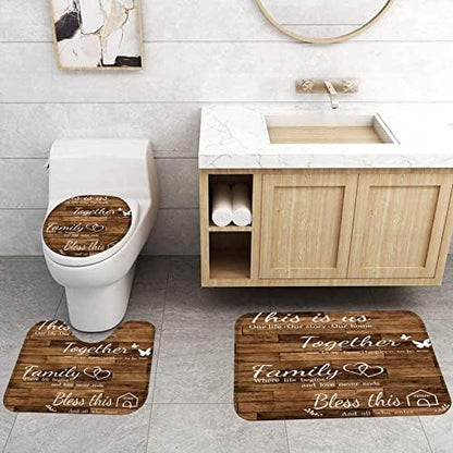 4Pcs Family Shower Curtain Sets with Non-Slip Rugs