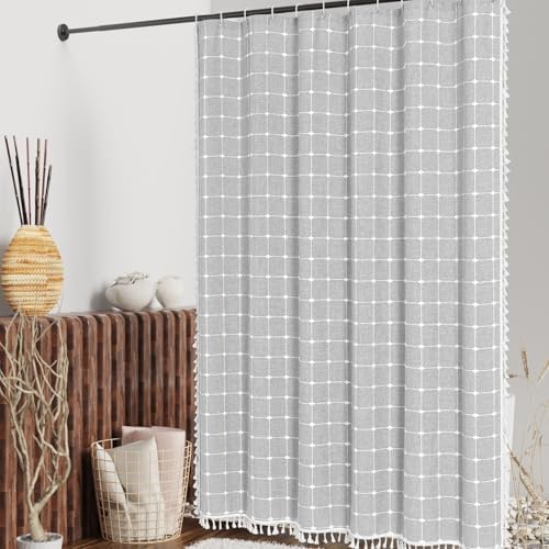 Boho Farmhouse Classic Plaid Linen Tassel Shower Curtain Light Grey,36x72