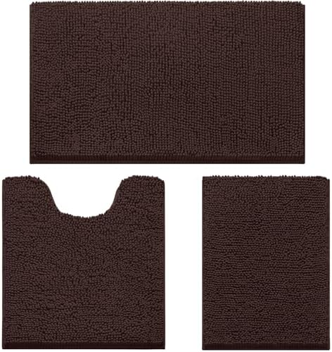 HOMEIDEAS Brown Chenille Bathroom Rugs Set of 3, Non Slip Bath Mat