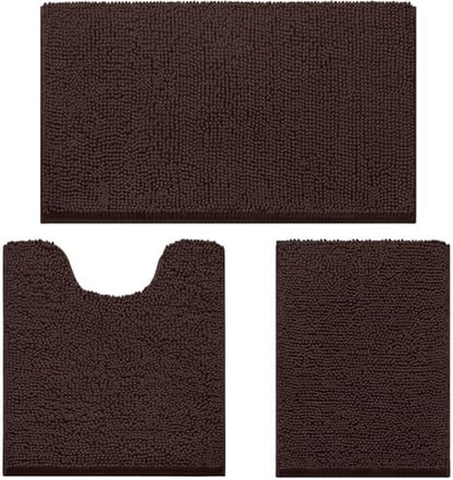 HOMEIDEAS Brown Chenille Bathroom Rugs Set of 3, Non Slip Bath Mat