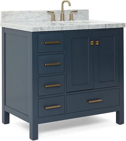 ARIEL Cambridge 36-inch Bathroom Vanity with Sink,Solid Wood, 1.5-inch Italian Carrara Marble Countertop, Single Rectangular Porcelain Sink, 2 Soft Closing Doors, 5 Dovetail Drawers, Midnight Blue