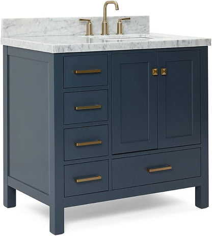 ARIEL Cambridge 36-inch Bathroom Vanity with Sink,Solid Wood, 1.5-inch Italian Carrara Marble Countertop, Single Rectangular Porcelain Sink, 2 Soft Closing Doors, 5 Dovetail Drawers, Midnight Blue