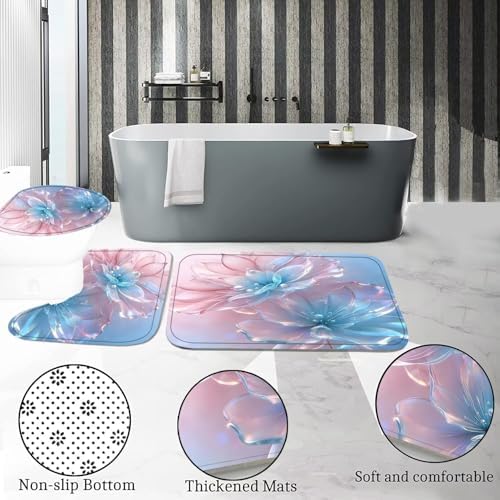 DDQQ 4 Pcs Floral Shower Curtain Set Pink Blue Bathroom Sets with Shower Curtain and Rugs, Flowers Pearl Shower Curtain Set, Lotus Bathroom Decor Set, Bathroom Rugs Set Toilet Lid Cover Hooks