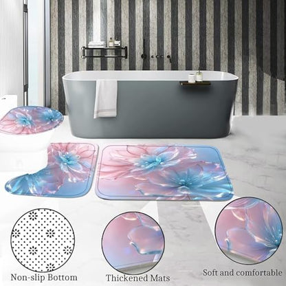 DDQQ 4 Pcs Floral Shower Curtain Set Pink Blue Bathroom Sets with Shower Curtain and Rugs, Flowers Pearl Shower Curtain Set, Lotus Bathroom Decor Set, Bathroom Rugs Set Toilet Lid Cover Hooks