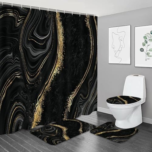 NBVKO 4Pcs Black Gold Marble Shower Curtain Sets with Rugs Bathroom Sets with Shower Curtain and Rugs Modern Abstract Bathroom Decor Accessories Shower Curtains for Bathroom Toilet Lid Cover
