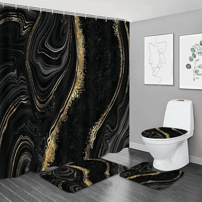 NBVKO 4Pcs Black Gold Marble Shower Curtain Sets with Rugs Bathroom Sets with Shower Curtain and Rugs Modern Abstract Bathroom Decor Accessories Shower Curtains for Bathroom Toilet Lid Cover