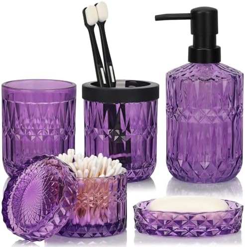 Bathroom Accessories Set, 5Pcs Bathroom Soap Dispenser Set, Glass Bathroom Accessories with Glass Soap Dispenser, Soap Dish, Toothbrush Holder, Tumbler, Cotton Swab Jar (Purple)