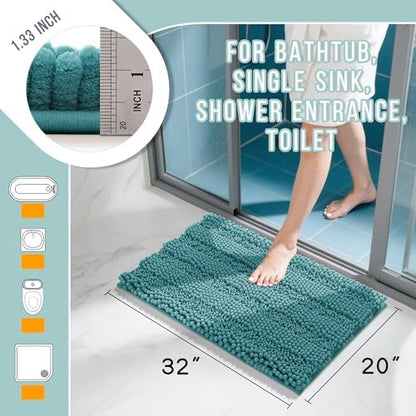 Yimobra Bathroom Rug Mat 32 x 20, Non Slip and Super Absorbent Bath Mat,Machine Washable Quick Dry,Ultra Plush Chenille Shower Rugs for Bathroom Floor Sink Tub and Shower Outside,Teal Blue