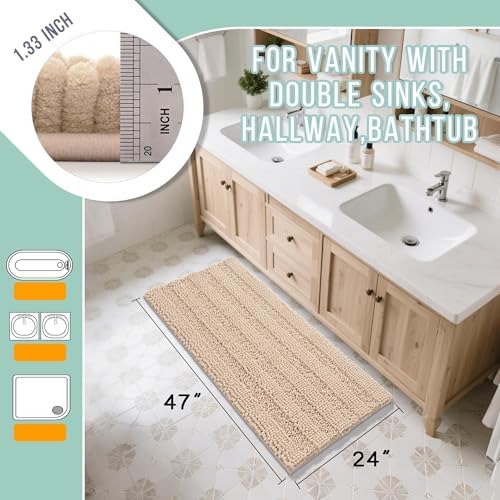 Yimobra Bathroom Rug Mat 47 x 24, Non Slip and Super Absorbent Bath Mat,Machine Washable Quick Dry,Ultra Plush Chenille Shower Rugs for Bathroom Floor Sink Tub and Shower Outside, Beige