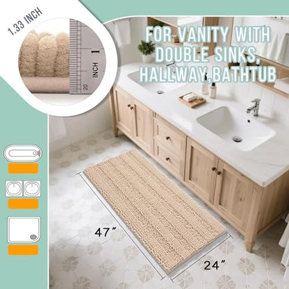 Yimobra Bathroom Rug Mat 47 x 24, Non Slip and Super Absorbent Bath Mat,Machine Washable Quick Dry,Ultra Plush Chenille Shower Rugs for Bathroom Floor Sink Tub and Shower Outside, Beige