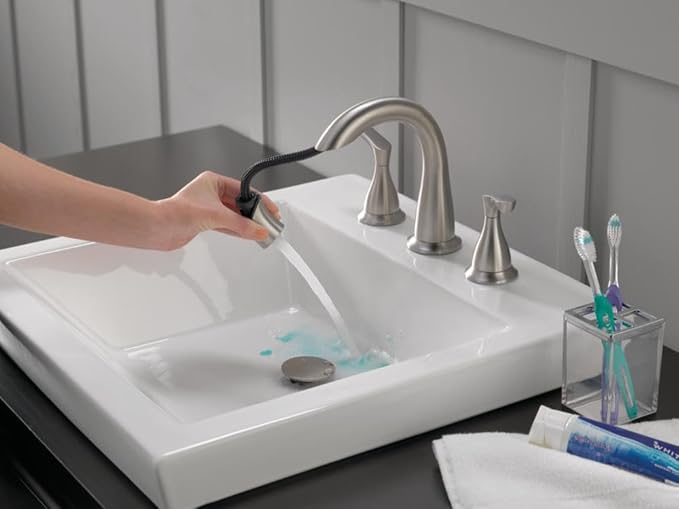 Delta Broadmoor Brushed Nickel Bathroom Faucet with Sprayer, 8 Inch 3 Hole Widespread Bathroom Sink Faucet with Pull Out Sprayer, Push-Pop Drain, SpotShield Stainless 35765LF-SPPD