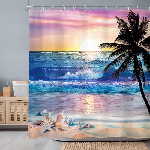 Ocean Coastal Sunrise Beach Tropical Palm Tree Bathroom Shower Curtain Set