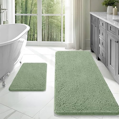 OLANLY Chenille Bathroom Rugs Mats Set 2 Piece, 47"x20"+24"x16", Sage Green