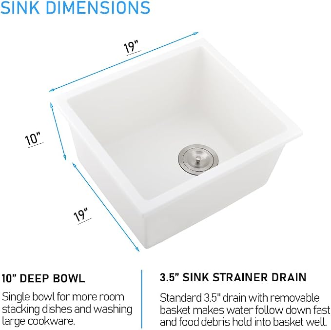 Undermount Bar Sink, 19x19 Inch White Granite Quartz Composite | Small Kitchen Sink Wet Bar Single Bowl Square Deep Basin with Squeegee Brush Combo