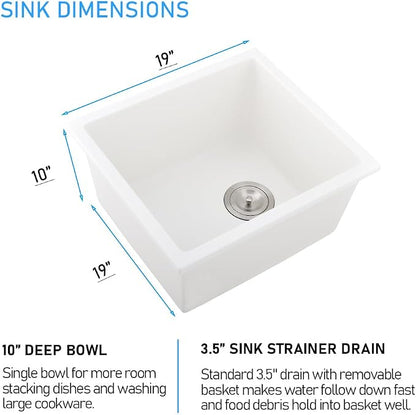 Undermount Bar Sink, 19x19 Inch White Granite Quartz Composite | Small Kitchen Sink Wet Bar Single Bowl Square Deep Basin with Squeegee Brush Combo