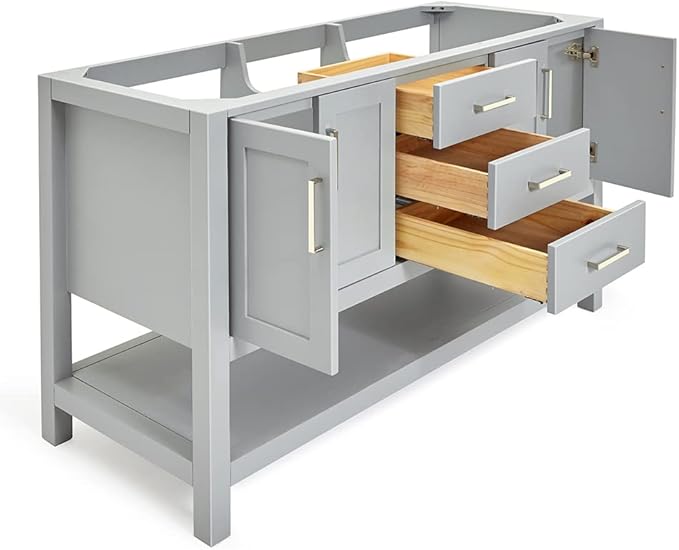 ARIEL Magnolia 60-inch Bathroom Vanity Base Cabinet,Solid Wood, 4 Soft Closing Doors, 3 Dovetail Drawers, Brushed Nickel, Grey
