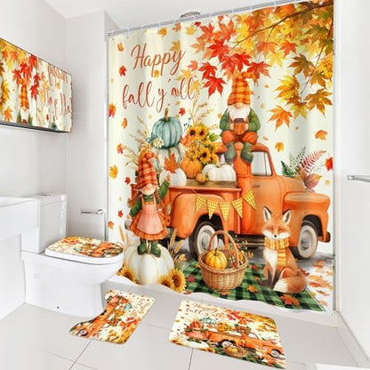 Autumn Fall Pumpkin Maple Leaves 4Pcs Bathroom Shower Curtain Set with Rugs