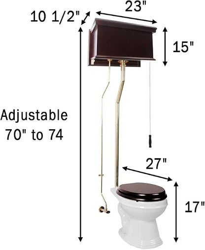 Renovators Supply Manufacturing High Tank Pull Chain Toilet With Dark Oak Wooden Flat High Tank 70 In. To 74 In. Adjustable Height Brass L Pipe And Elongated Toilet Bowl