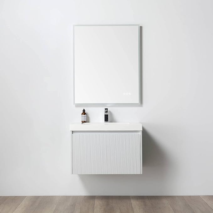 Blossom 30 Inch Bathroom Vanity with Sink | All Wood Wall Mounted Floating Vanity Cabinet with Acrylic Sink | Soft-Close Drawer | Modern Minimalist Style (30" w/Acrylic Basin, Matte White)