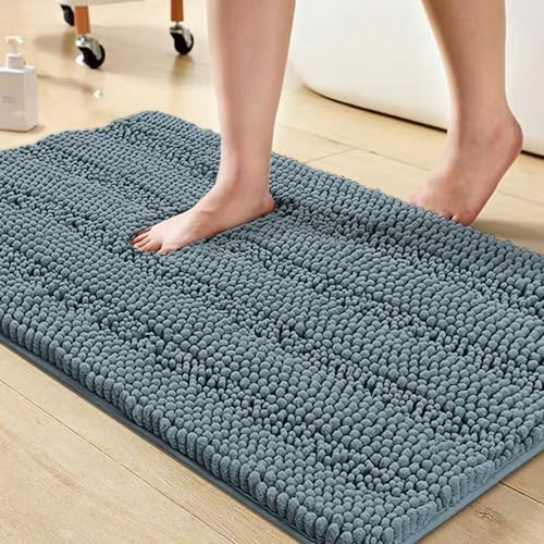 Turquoize Bathroom Rug 20"x32", Absorbent Chenille Bath Rug, Stone Blue