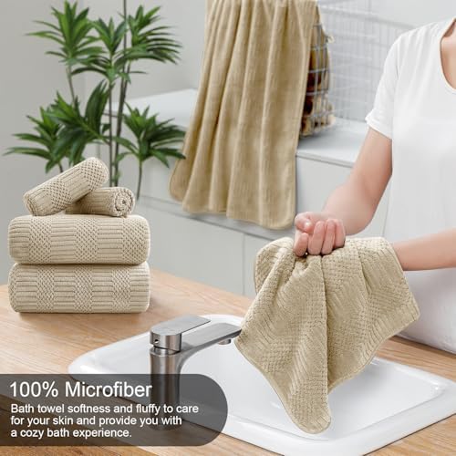 8 Piece Bath Towel Set-2 Oversized Bath Sheets(35"x70"),2 Hand Towels,4 Washcloths-Extra Large Microfiber Towel Sets,Less Lint Highly Absorbent & Quick Dry Bath Towels for Bathroom Gym Pool,Camel