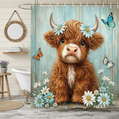 Cute Cow Shower Curtain, Farmhouse Rustic Floral Teal Daisy Funny Highland Cow Shower Curtains for Bathroom, Calf Country Plant Farm Animal Bathroom Decor with Hooks, 70x84 inch