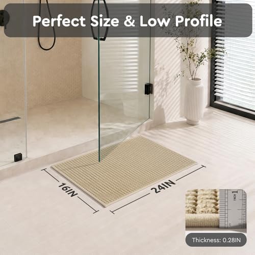 tchdio Bath Mat, Absorbent Bathroom Mat Quick Dry, Thin Bathroom Rugs Fit Under Door, Non Slip Washable Bath Rugs with Solid Rubber Backing, Low Profile Bath Mats for Bathroom, Beige, 16" x 24"