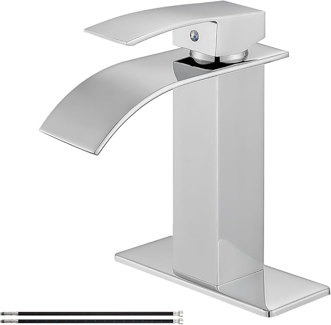 Airuida Chrome Polish Waterfall Spout Bathroom Faucet Single Handle Single Hole Bathroom Sink Faucet 1 or 3 Holes Rv Lavatory Vanity Faucet Basin Mixer Tap with Deck Plate and Supply Lines