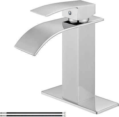 Airuida Chrome Polish Waterfall Spout Bathroom Faucet Single Handle Single Hole Bathroom Sink Faucet 1 or 3 Holes Rv Lavatory Vanity Faucet Basin Mixer Tap with Deck Plate and Supply Lines